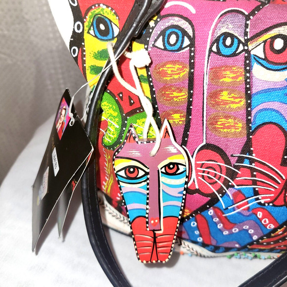 LAUREL BURCH Colorful Cat Print Canvas Shoulder Bag NWT Beaded Crazy Cat Lady - Picture 3 of 12